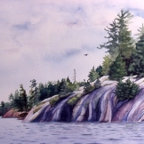 Blue Lake and Rocky Shore II. Watercolour on Paper. 11x15". Private Collection. Artist Lianne Todd