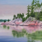 Blue Lake and Rocky Shore IV. Watercolour on paper. 22x30". Artist Lianne Todd. $950.00
