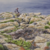 Fisherman at the "Edge of the World". Watercolour on Paper. 15x22". Artist Lianne Todd. $500.00